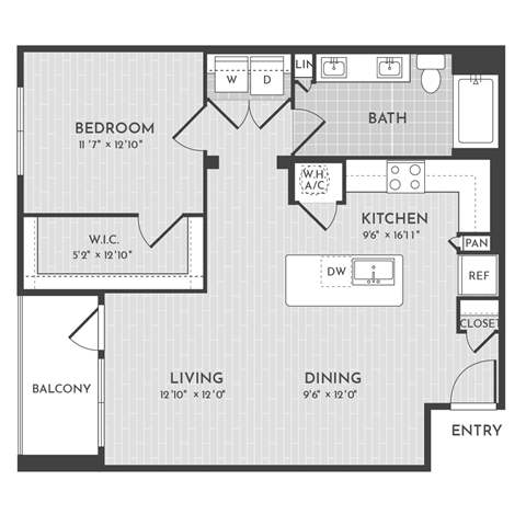 Floor plan for 1 bed, 1 bath, 862 sqft